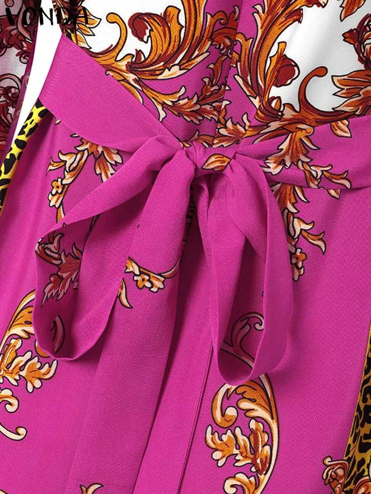VONDA Maxi Dress 2024 Summer Women Bohemian Printed Party Sundress Long Sleeve Stand Collar Casual Robe Holiday Vestidos Belted
