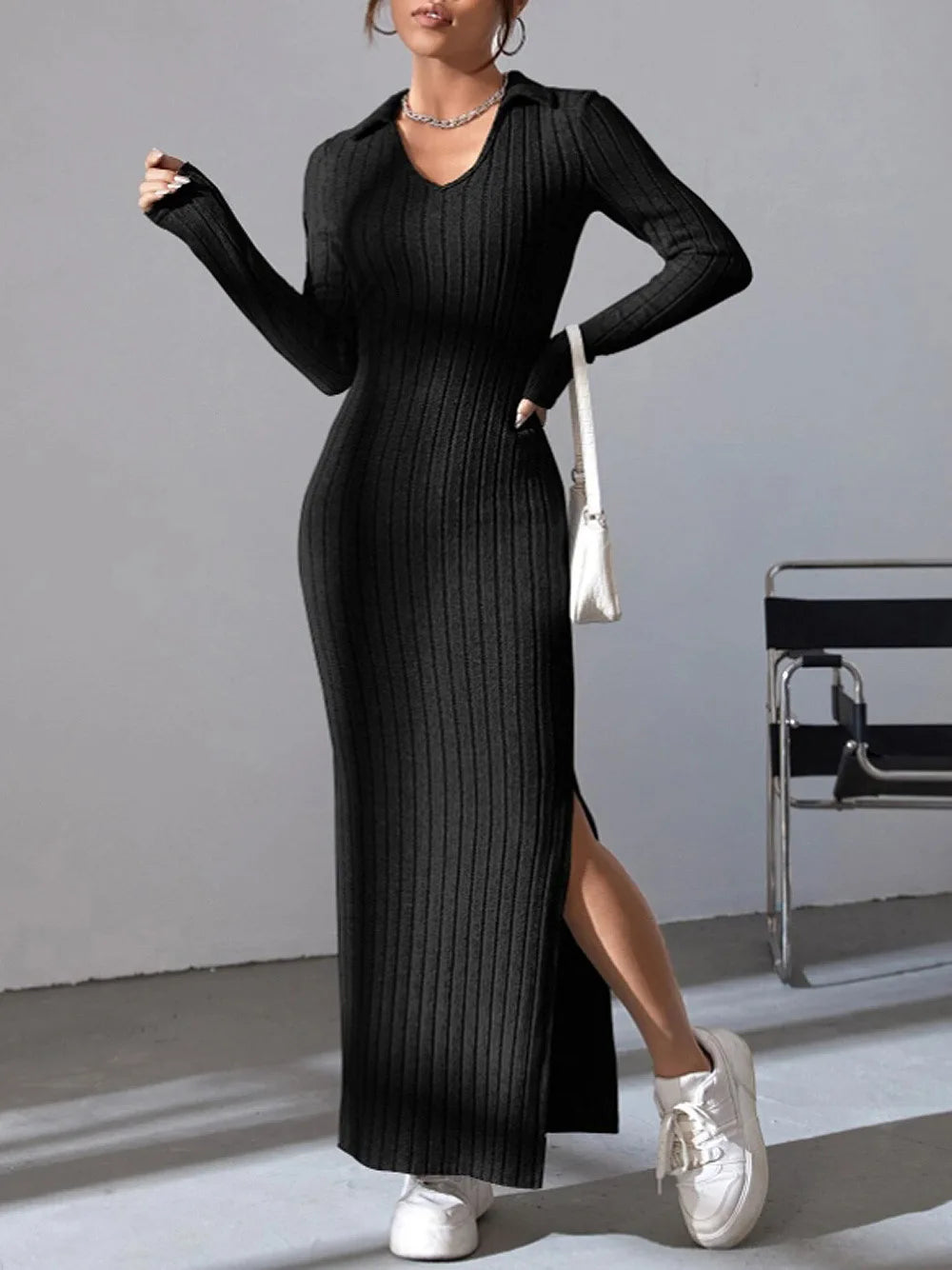 Spring and summer 2024 new style knitted slim lapel long sleeve dress pit strip solid color tight skirt