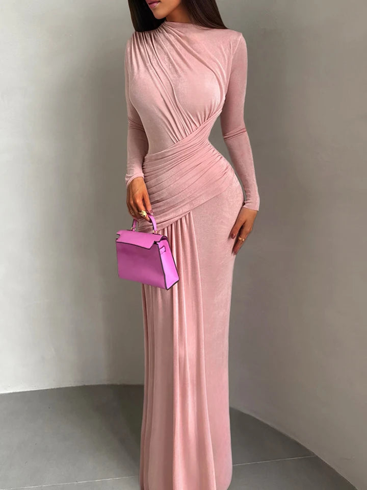 Sisterlinda Folds Maxi Dress Women o-Neck Full Sleeve Solid Banquet Elegant Vacation Fashion Autumn Skinny Casual Simple Vestido
