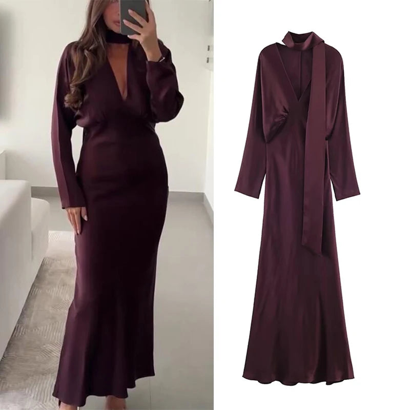 2025 New Women Fashion Satin V neck Dress Long Dresses With Scarf Chic Elegant Dresses Women Long Sleeve Casual Dress