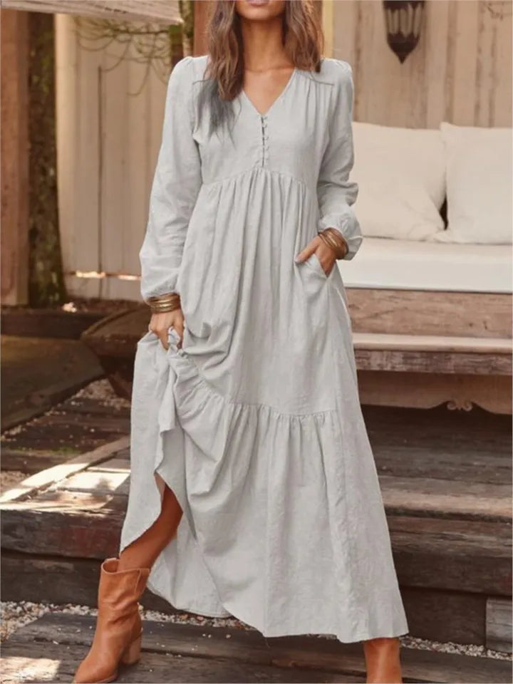New Autumn Winter Women's Long Dress Retro Fashion V-neck Button Long-sleeved Dress Casual Wide Swing Cotton Long Dress