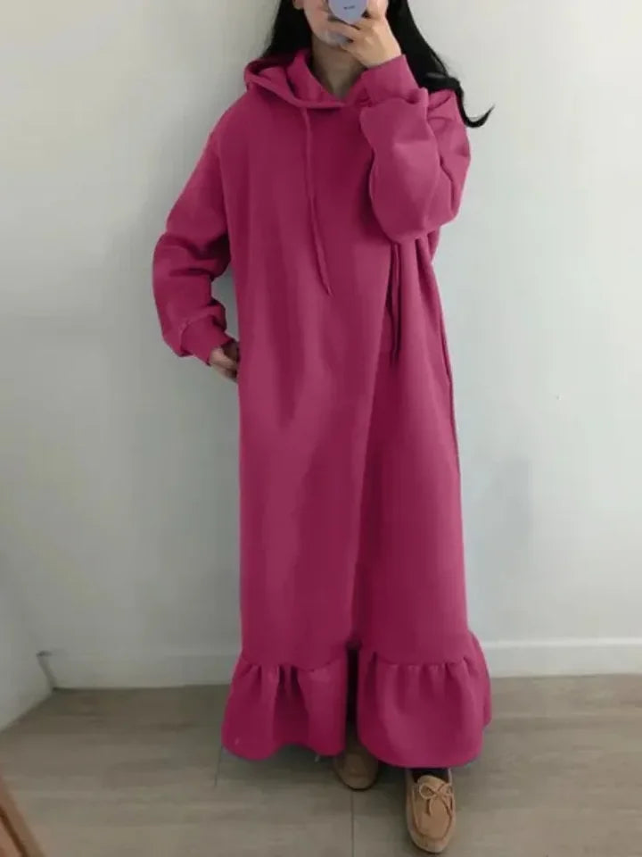 2024 Autumn and Winter New Women's Elegant Loose Long Dress Solid Color Hooded Commuting Style Straight Pocket Long Hoodie