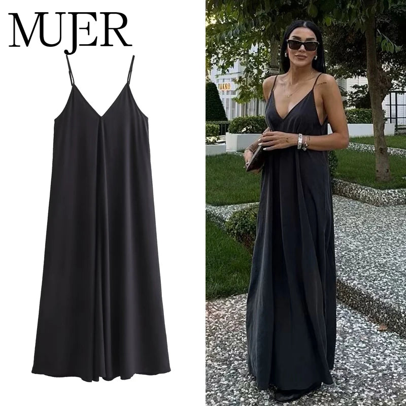 MUJER Black Slip Long Dresses for Women Red Draped Summer Dress Woman 2025 Sexy Backless Maxi Dress Women Summer Beach Dresses