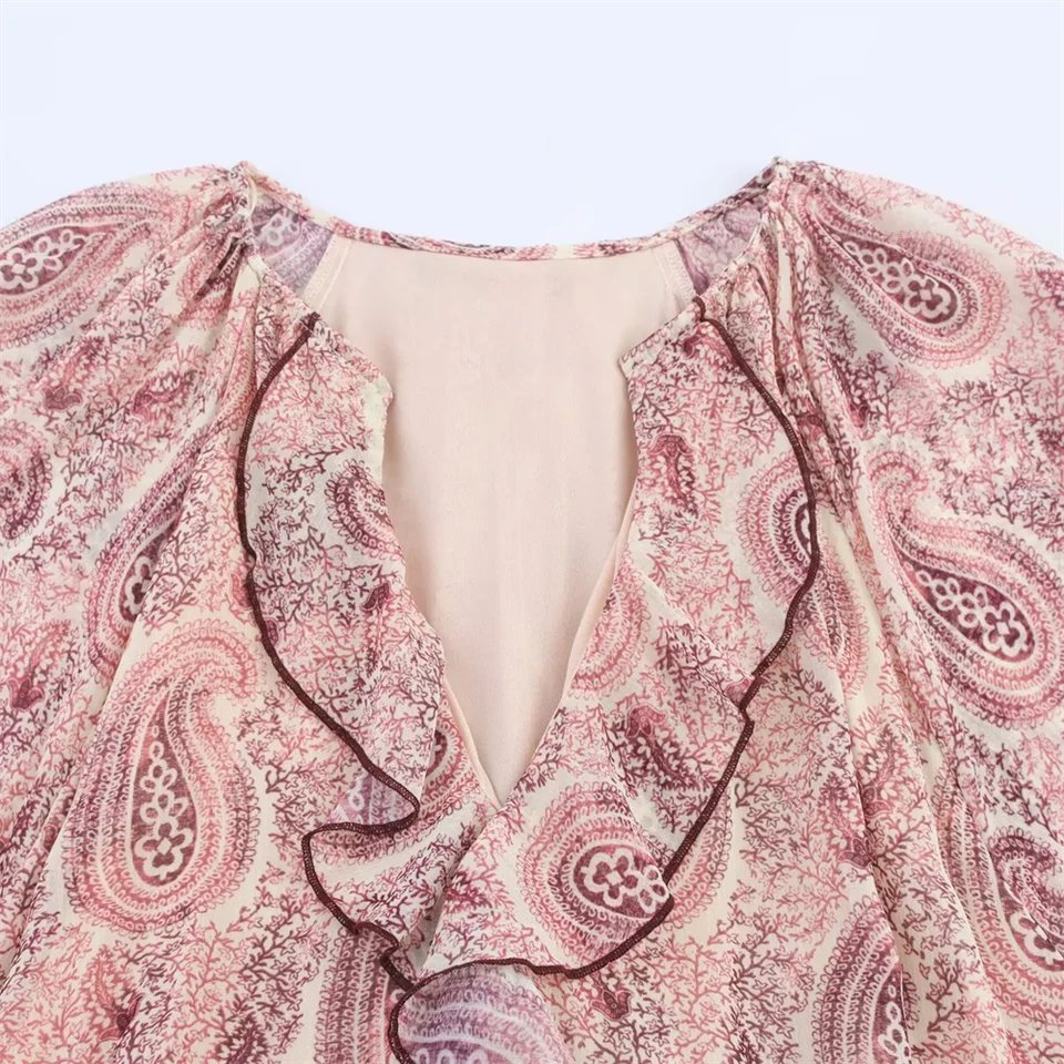 BM&MD&ZA2025Temperament Layered Decorative Printing Loose Long Sleeve V-Neck Dress Summer New Arrival Women's Clothing