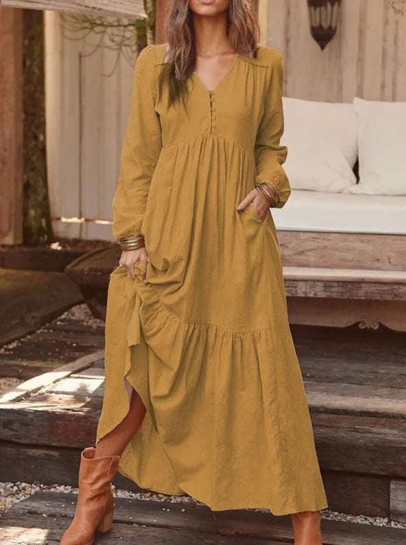 New Autumn Winter Women's Long Dress Retro Fashion V-neck Button Long-sleeved Dress Casual Wide Swing Cotton Long Dress