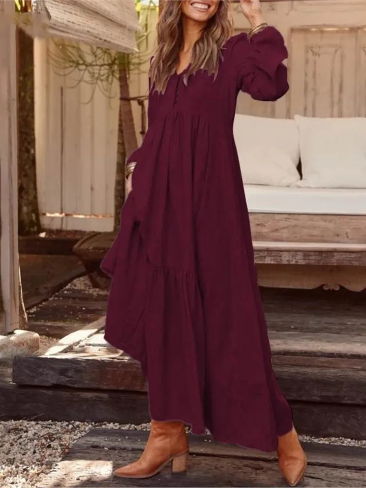 New Autumn Winter Women's Long Dress Retro Fashion V-neck Button Long-sleeved Dress Casual Wide Swing Cotton Long Dress