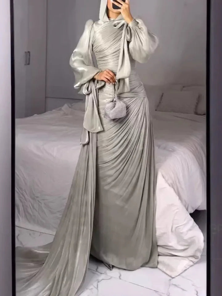 LGRQ 2025 new autumn and winter round neck pleated fold floor length party dress lantern sleeves high waist vestido