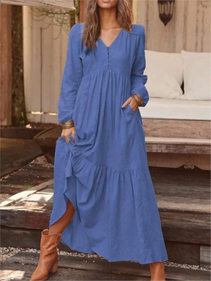 New Autumn Winter Women's Long Dress Retro Fashion V-neck Button Long-sleeved Dress Casual Wide Swing Cotton Long Dress