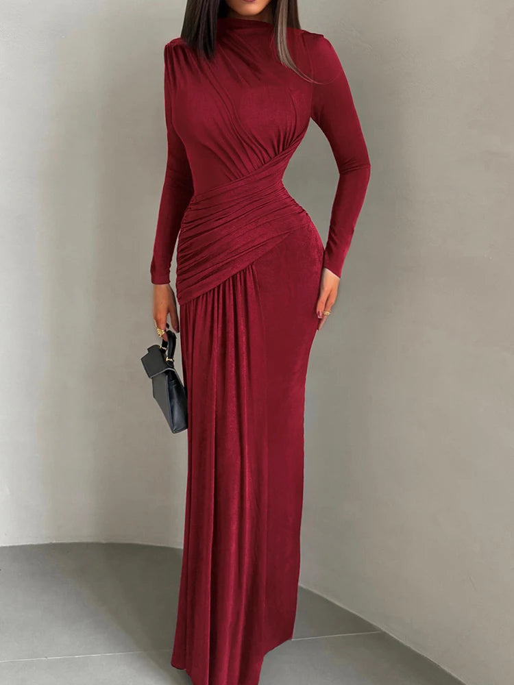 Sisterlinda Folds Maxi Dress Women o-Neck Full Sleeve Solid Banquet Elegant Vacation Fashion Autumn Skinny Casual Simple Vestido