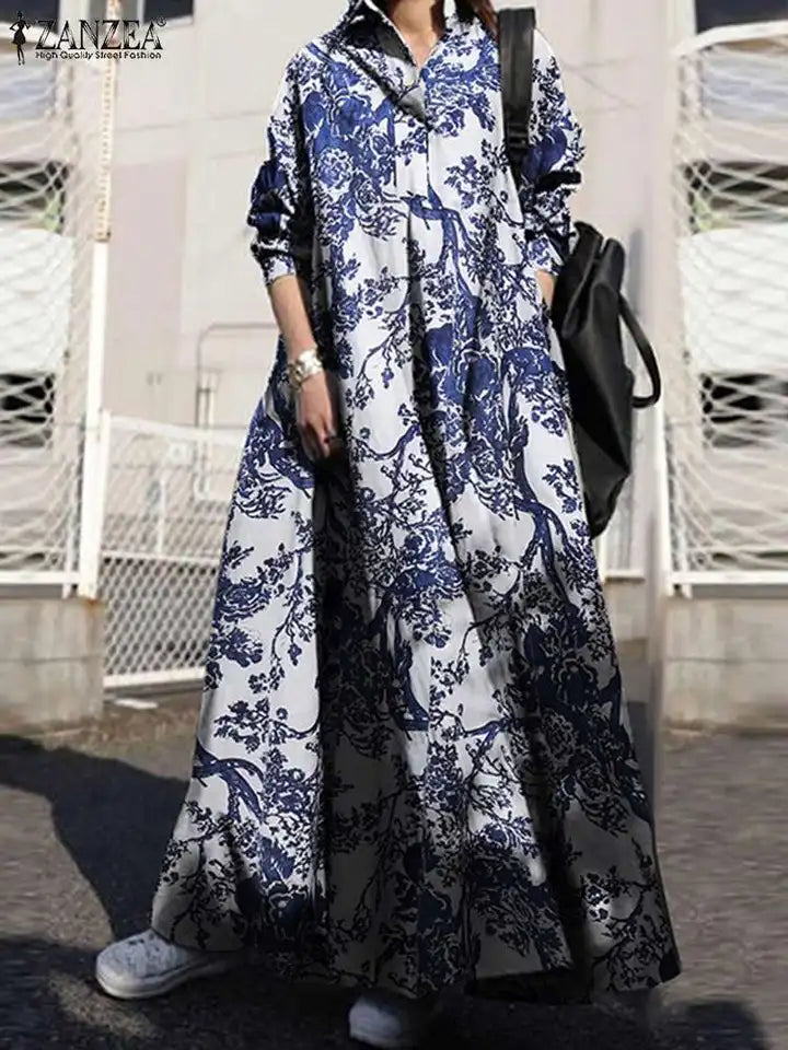 2024 Autumn Maxi Sundress ZANZEA Vintage Long Shirt Dress Women Floral Printed Cotton Long Sleeve Vestidos Female Holiday Robe