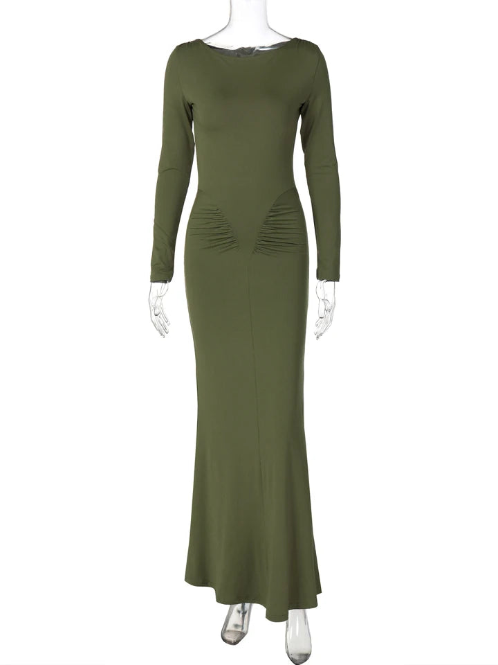 Hugcitar Autumn Solid Long Sleeve Draped Sexy Bodycon Maxi Prom Dress Women Fashion Y2K Outfits Evening Party Festival Club