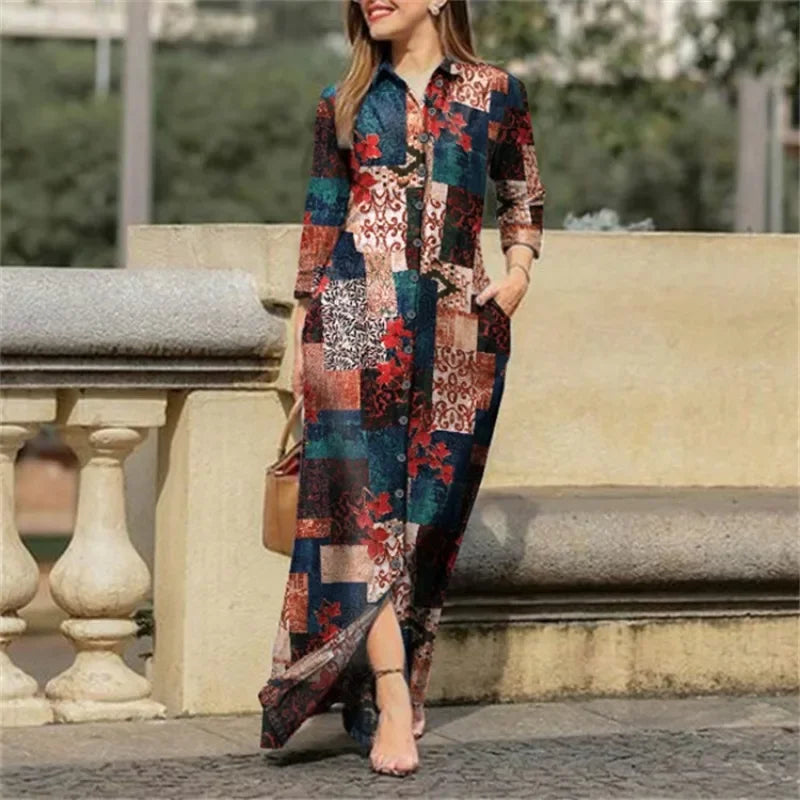 Women's Casual Patchwork Printed Loose Long Dress with Long Sleeves Lapel Buttons Fashion Party Ankle-Length Dresses