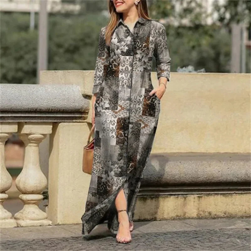 Women's Casual Patchwork Printed Loose Long Dress with Long Sleeves Lapel Buttons Fashion Party Ankle-Length Dresses