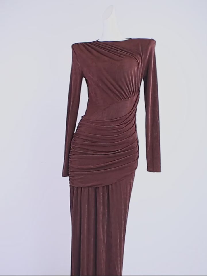 Sisterlinda Folds Maxi Dress Women o-Neck Full Sleeve Solid Banquet Elegant Vacation Fashion Autumn Skinny Casual Simple Vestido