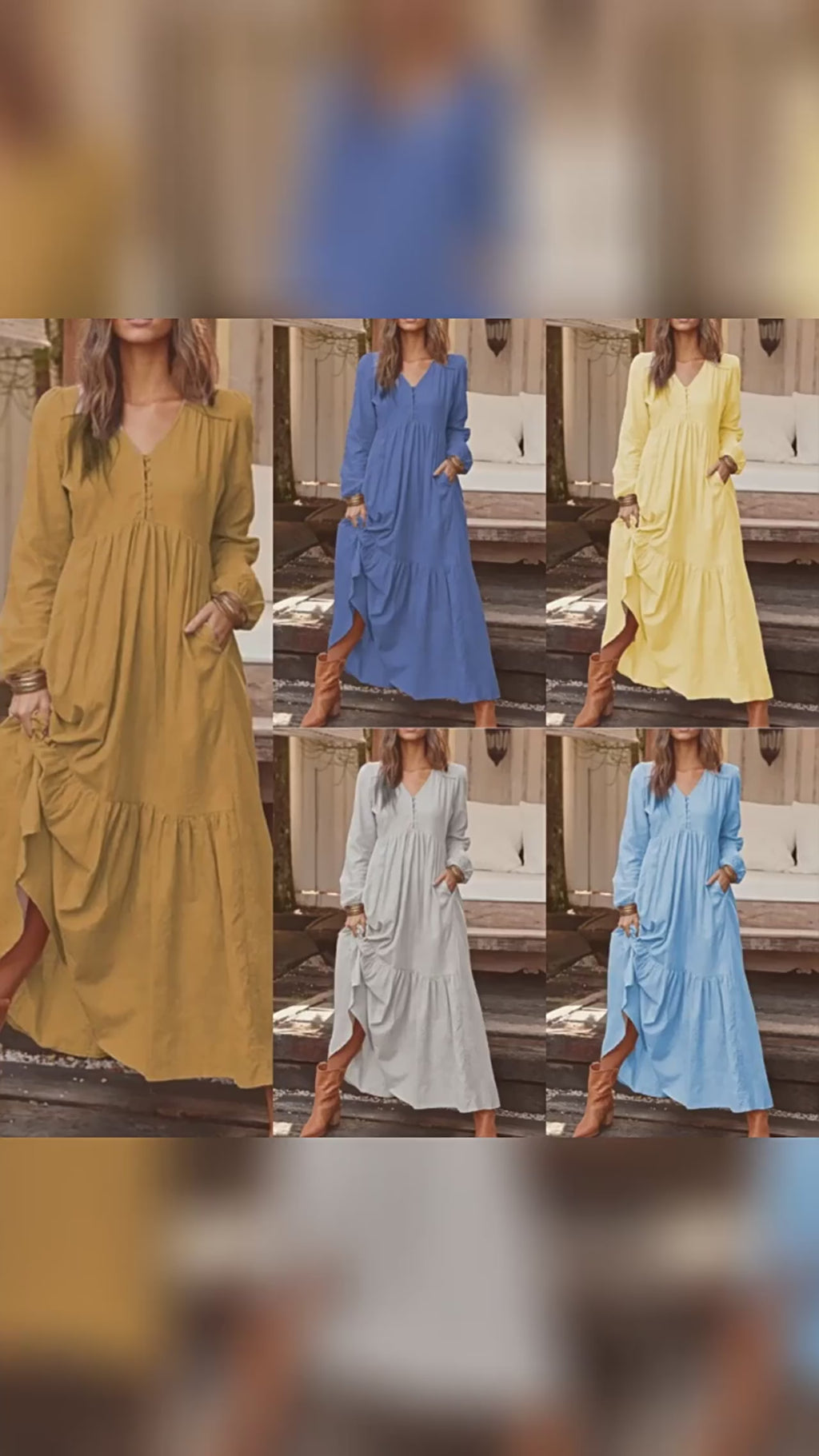 New Autumn Winter Women's Long Dress Retro Fashion V-neck Button Long-sleeved Dress Casual Wide Swing Cotton Long Dress