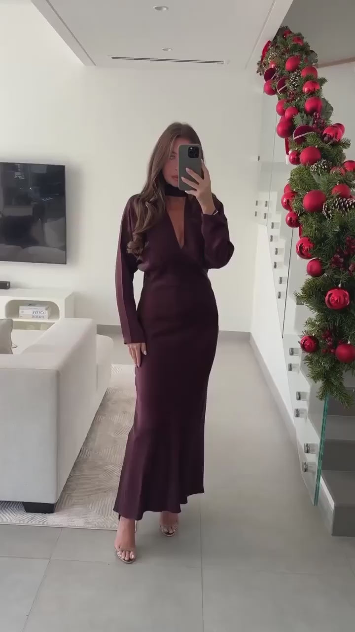 2025 New Women Fashion Satin V neck Dress Long Dresses With Scarf Chic Elegant Dresses Women Long Sleeve Casual Dress